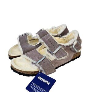 Birkenstock Womens Milano Suede Shearling Sandals, Faded Purple, Narrow, 37/6
